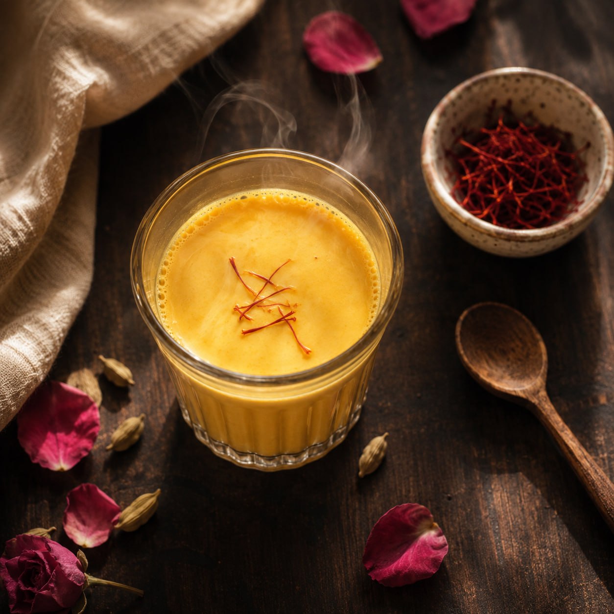 A glass of warm saffron milk with steam rising, golden colour, saffron strands floating